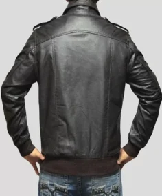 Mens Casual Black Leather Bomber Jacket Back Veiw