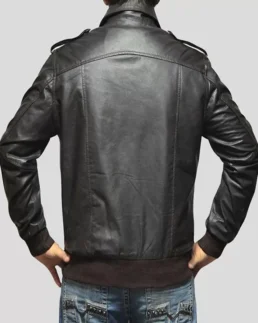 Mens Casual Black Leather Bomber Jacket Back Veiw