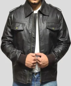 Mens Casual Black Leather Bomber Jacket Front Veiw