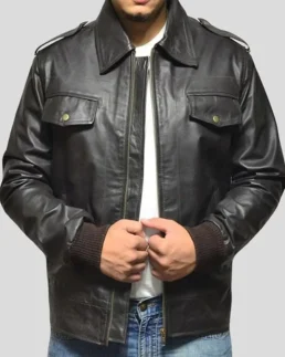 Mens Casual Black Leather Bomber Jacket Front Veiw