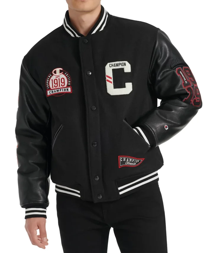 Men'S Champion 1919 Mixed Media Varsity Jacket Black - Trendy Leather Jackets