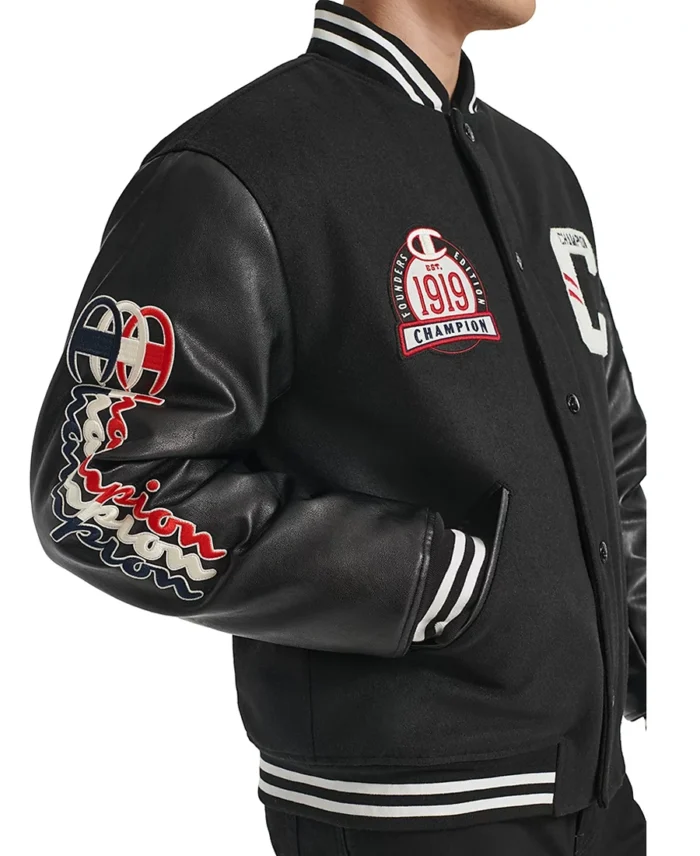 Men'S Champion 1919 Mixed Media Varsity Jacket Black Side View - Trendy Leather Jackets