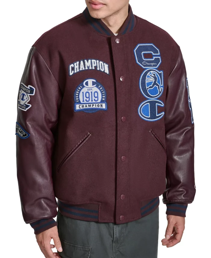 Men'S Champion 1919 Mixed Media Varsity Jacket Maroon - Trendy Leather Jackets