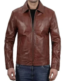 Men's Classic Shirt Collar Brown Leather Jacket Close Up - Trendy Leather Jackets