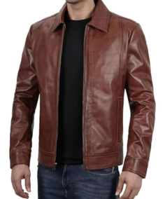 Men's Classic Shirt Collar Brown Leather Jacket Front View - Trendy Leather Jackets