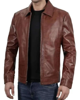 Men's Classic Shirt Collar Brown Leather Jacket Front View - Trendy Leather Jackets