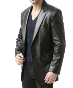 Men's Classic Two Button Black Leather Blazer Jacket - Trendy Leather Jackets