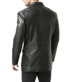 Men's Classic Two Button Black Leather Blazer Jacket Back