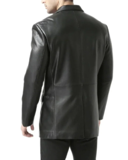 Men's Classic Two Button Black Leather Blazer Jacket Back