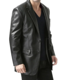 Men's Classic Two Button Black Leather Blazer Jacket Side - Trendy Leather Jackets