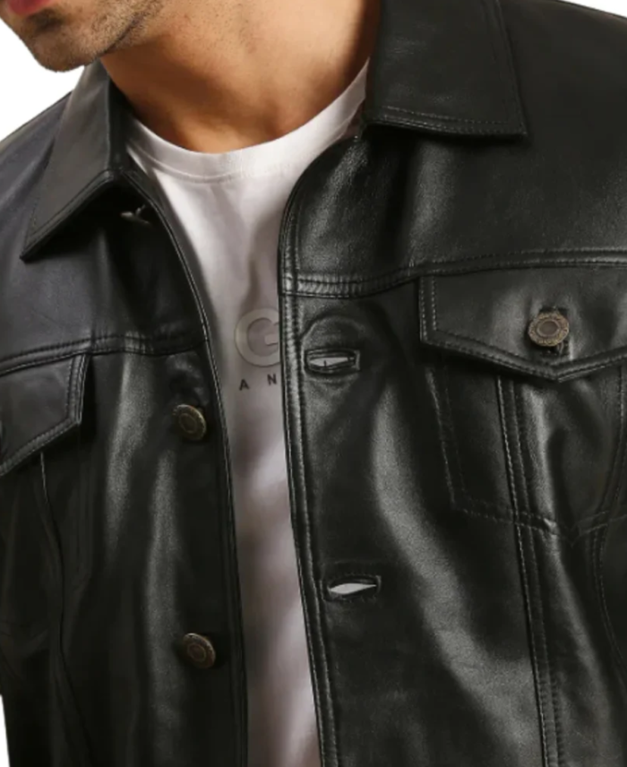 Men's Holland Black Leather Trucker Jacket Closeup - Trendy Leather Jackets