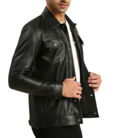 Men's Holland Black Leather Trucker Jacket Side - Trendy Leather Jackets