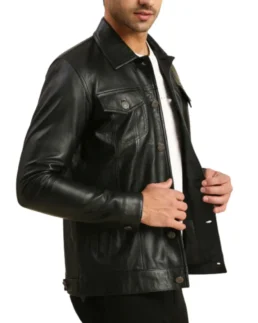 Men's Holland Black Leather Trucker Jacket Side - Trendy Leather Jackets