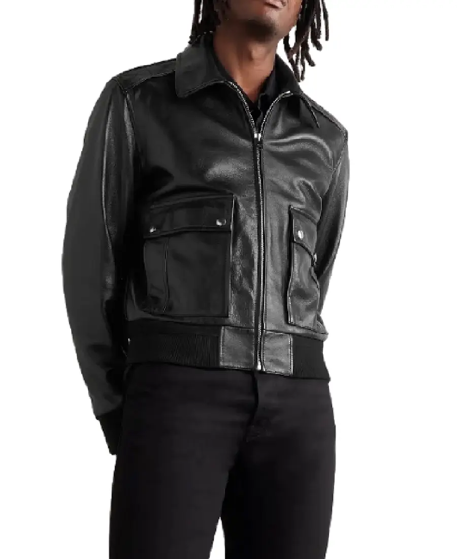 Men'S Blouson Black Leather Jacket Front View - Trendy Leather Jackets