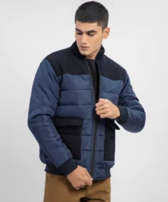 Navy Blue Contrasting Wool Puffer Jacket - Trendy Leather Jackets