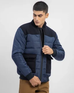 Navy Blue Contrasting Wool Puffer Jacket - Trendy Leather Jackets