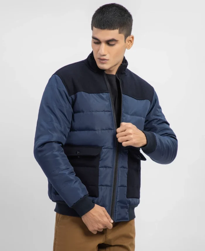 Navy Blue Contrasting Wool Puffer Jacket - Trendy Leather Jackets