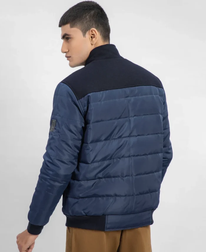 Navy Blue Contrasting Wool Puffer Jacket Back - Trendy Leather Jackets