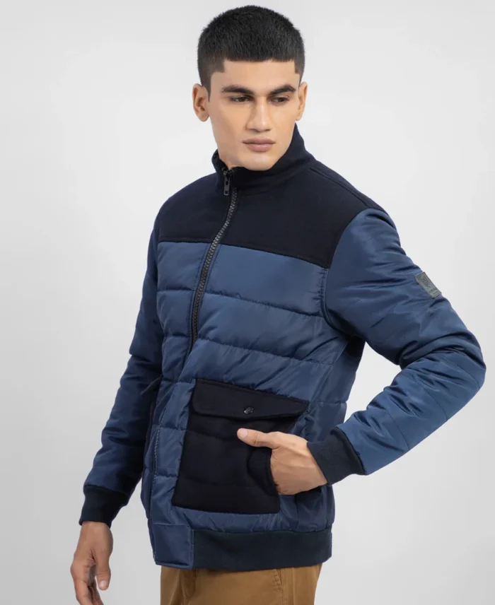 Navy Blue Contrasting Wool Puffer Jacket Side View - Trendy Leather Jackets