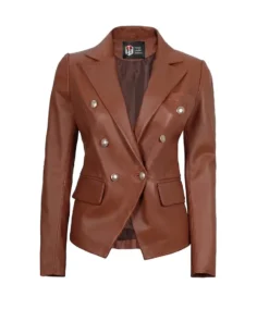 Women’s Premium Double Breasted Brown Leather Blazer Front