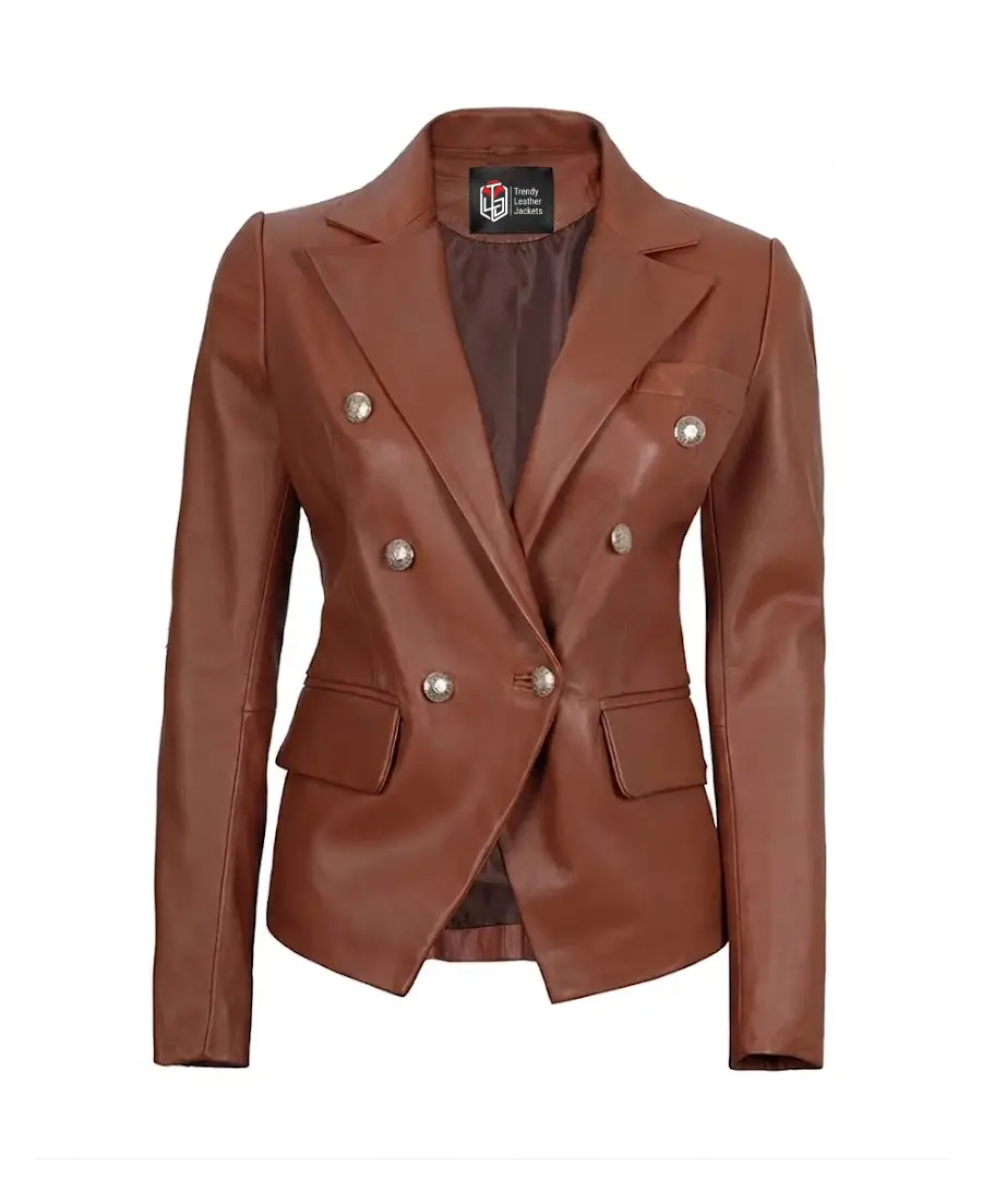 Women’s Premium Double Breasted Brown Leather Blazer Front Women’s Premium Double Breasted Brown Leather Blazer Front
