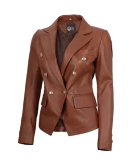 Women’s Premium Double Breasted Brown Leather Blazer Side View