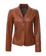 Women's Two Button Tan Leather Blazer - Trendy Leather Jackets