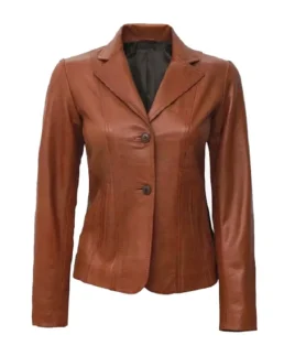 Women's Two Button Tan Leather Blazer - Trendy Leather Jackets