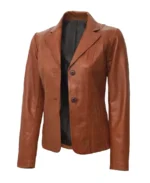 Women's Two Button Tan Leather Blazer Side - Trendy Leather Jackets