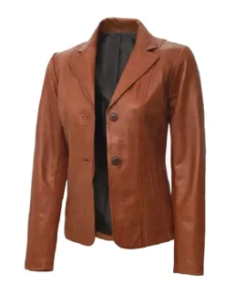 Women's Two Button Tan Leather Blazer Side - Trendy Leather Jackets