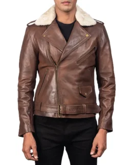 Shop Furton Brown Leather Biker Jacket For Men And Women On Sale