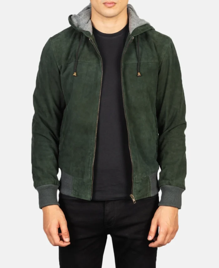 Nintenzo Green Hooded Suede Bomber Jacket - Trendy Leather Jackets