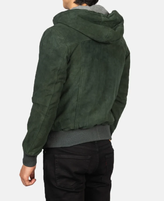 Nintenzo Green Hooded Suede Bomber Jacket Back - Trendy Leather Jackets