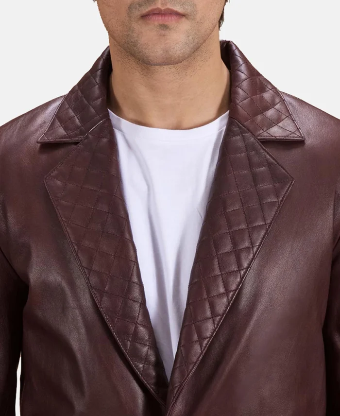 Radaron Quilted Maroon Leather Blazer Front Close Up - Trendy Leather Jackets