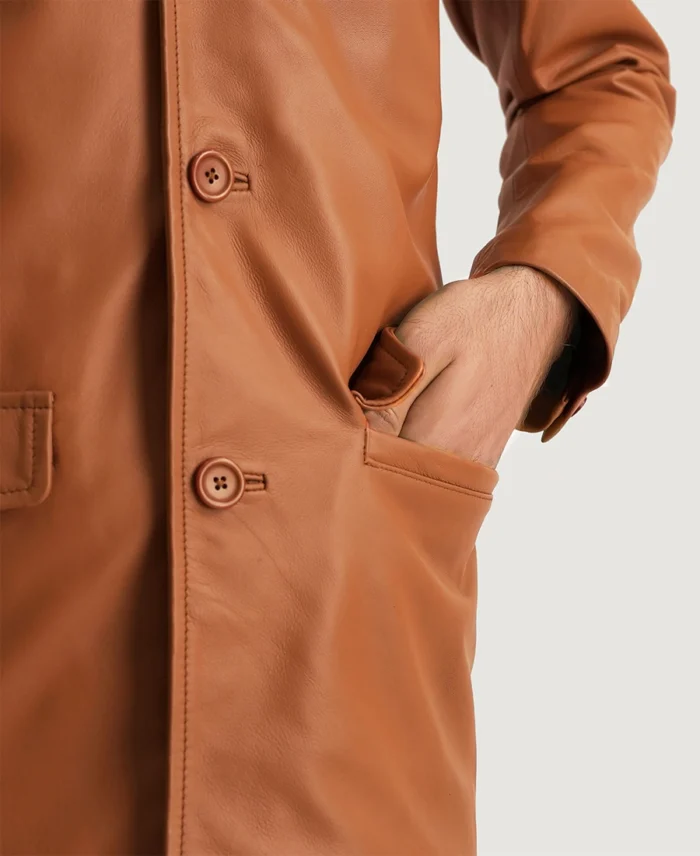 Ray Cutler Tan Brown Leather Blazer Front Close Up - Trendy Leather Jackets