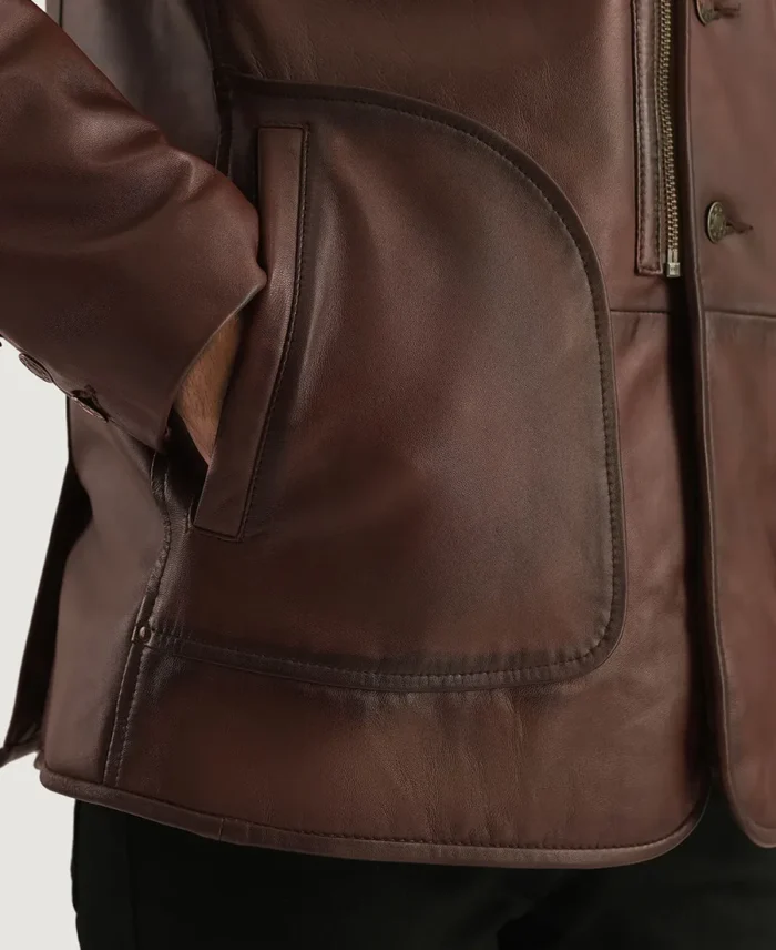 Rocky Brown Fur Leather Coat Pocket Veiw