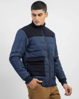 Shop Navy Blue Contrasting Wool Puffer Jacket For Men And Women - Trendy Leather Jackets