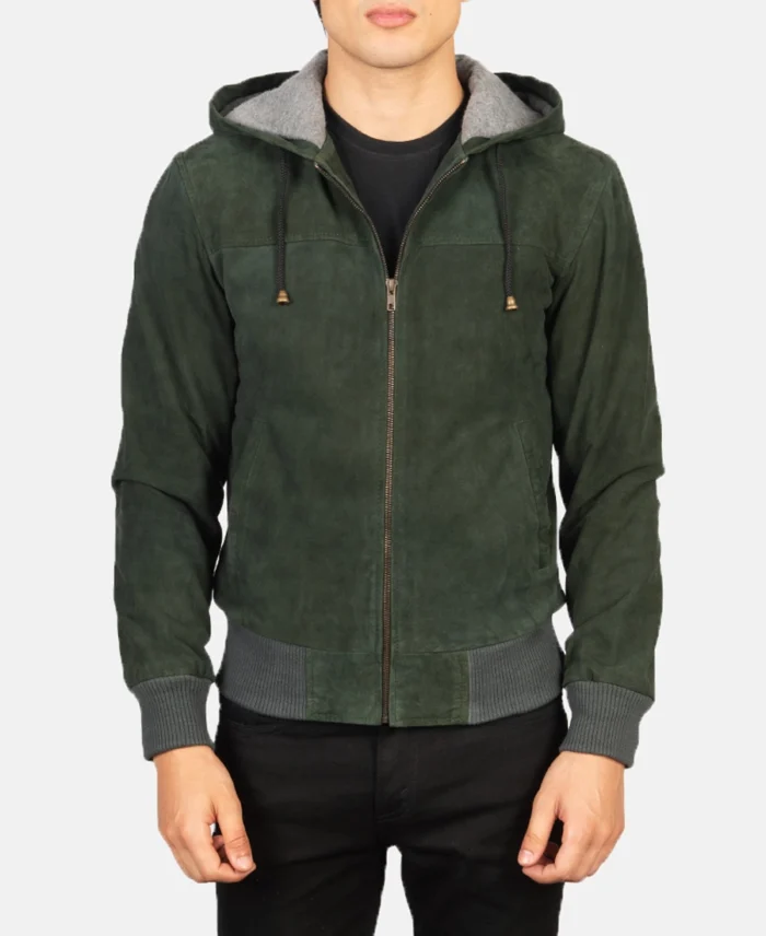 Shop Nintenzo Green Hooded Suede Bomber Jacket For Men And Women - Trendy Leather Jackets