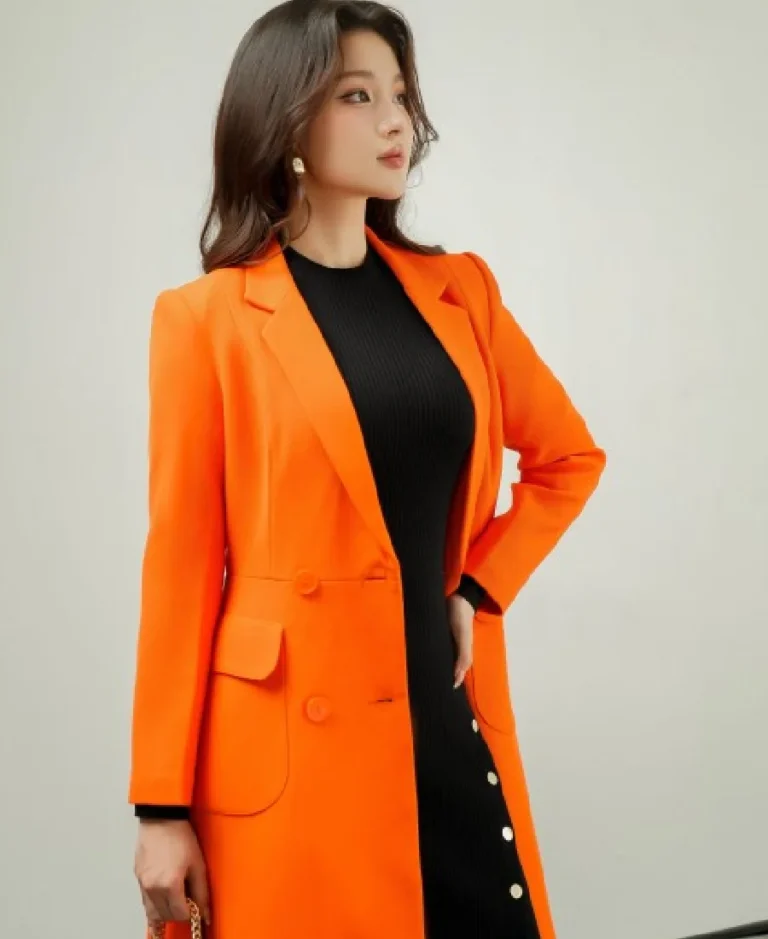 Sixdo Orange Long Woven Coat Close Up - Trendy Leather Jackets