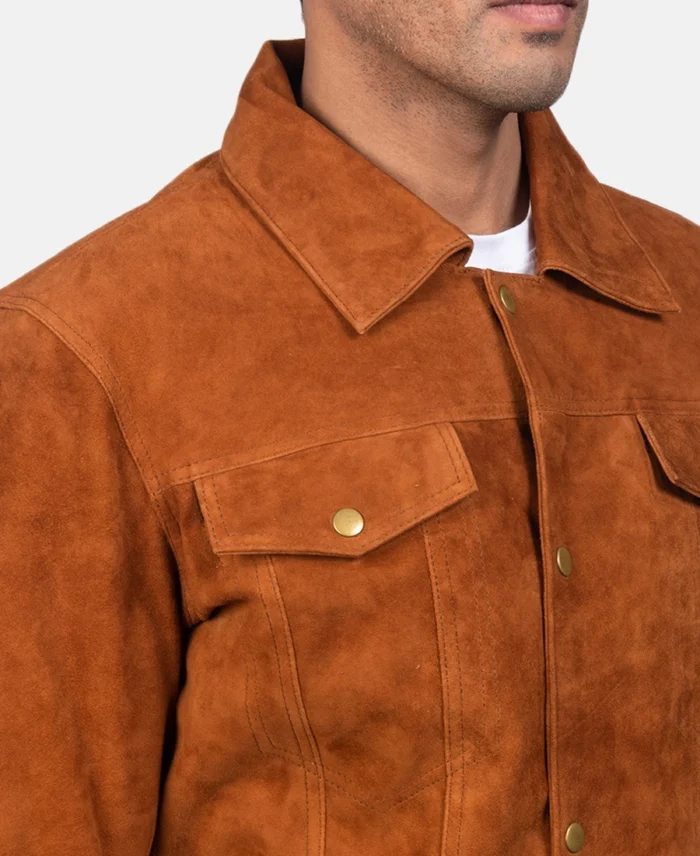 Stallon Brown Suede Trucker Jacket Half View - Trendy Leather Jackets