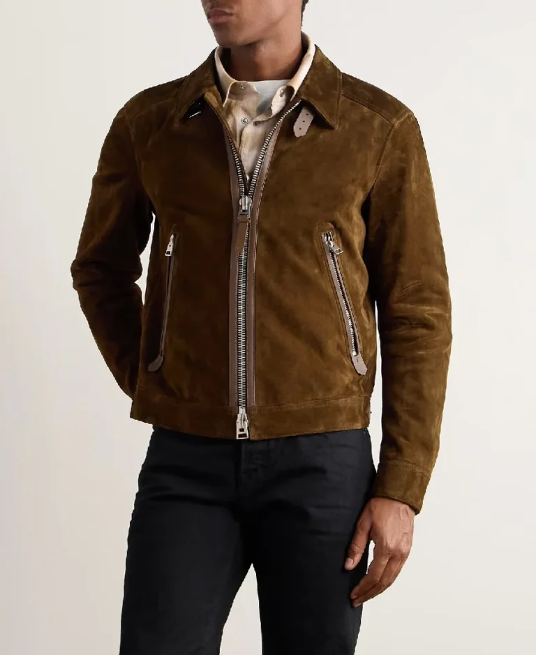 Tom Ford Suede Leather Bomber Jacket Front - Trendy Leather Jackets