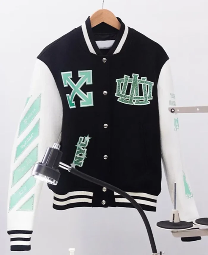 Wnba Off White X New York Liberty Varsity Jacket Front - Trendy Leather Jackets