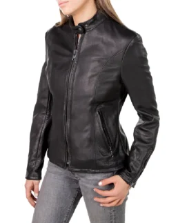 Women's Black Leather Cafe Racer Jacket Side Pose - Trendy Leather Jackets