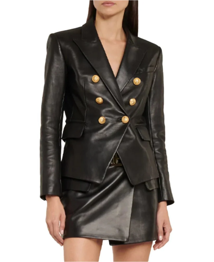Women's Double Breasted Black Leather Blazer - Trendy leather Jackets