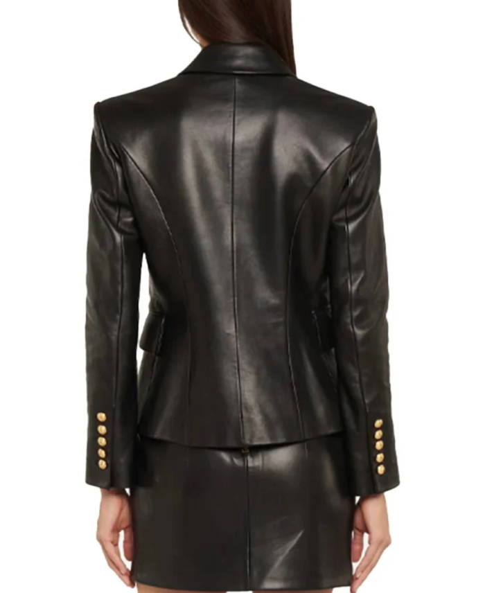 Women's Double Breasted Black Leather Blazer Back - Trendy leather Jackets