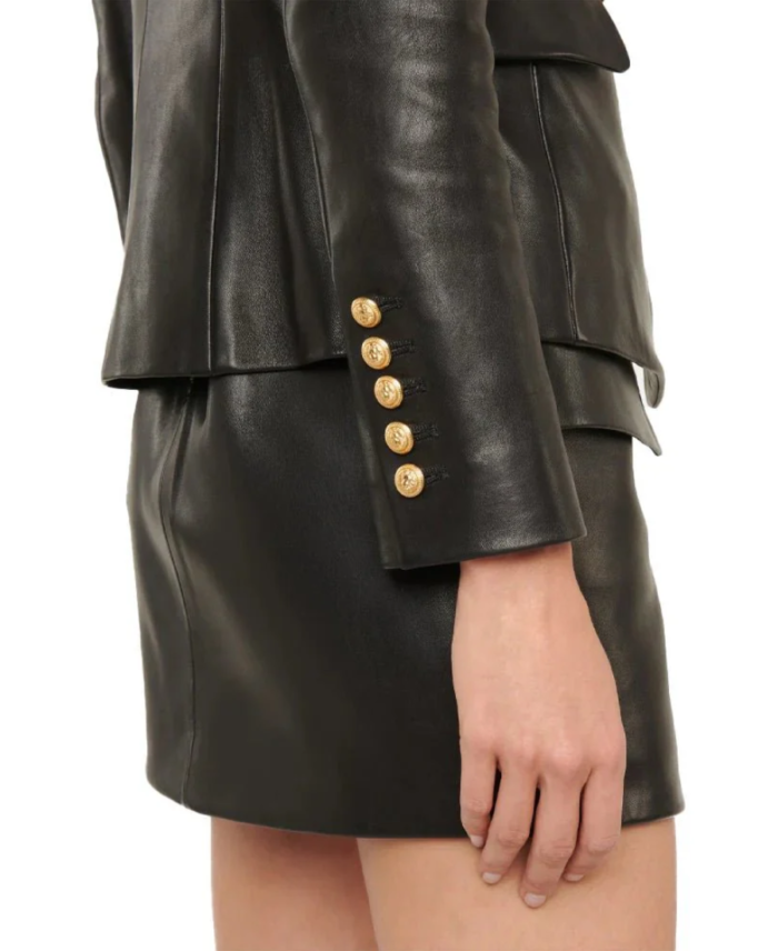 Women's Double Breasted Black Leather Blazer Closeup - Trendy leather Jackets