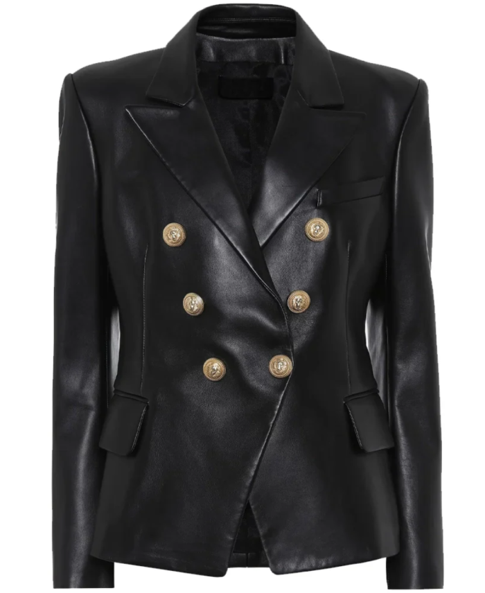 Women's Double Breasted Black Leather Blazer Front - Trendy leather Jackets