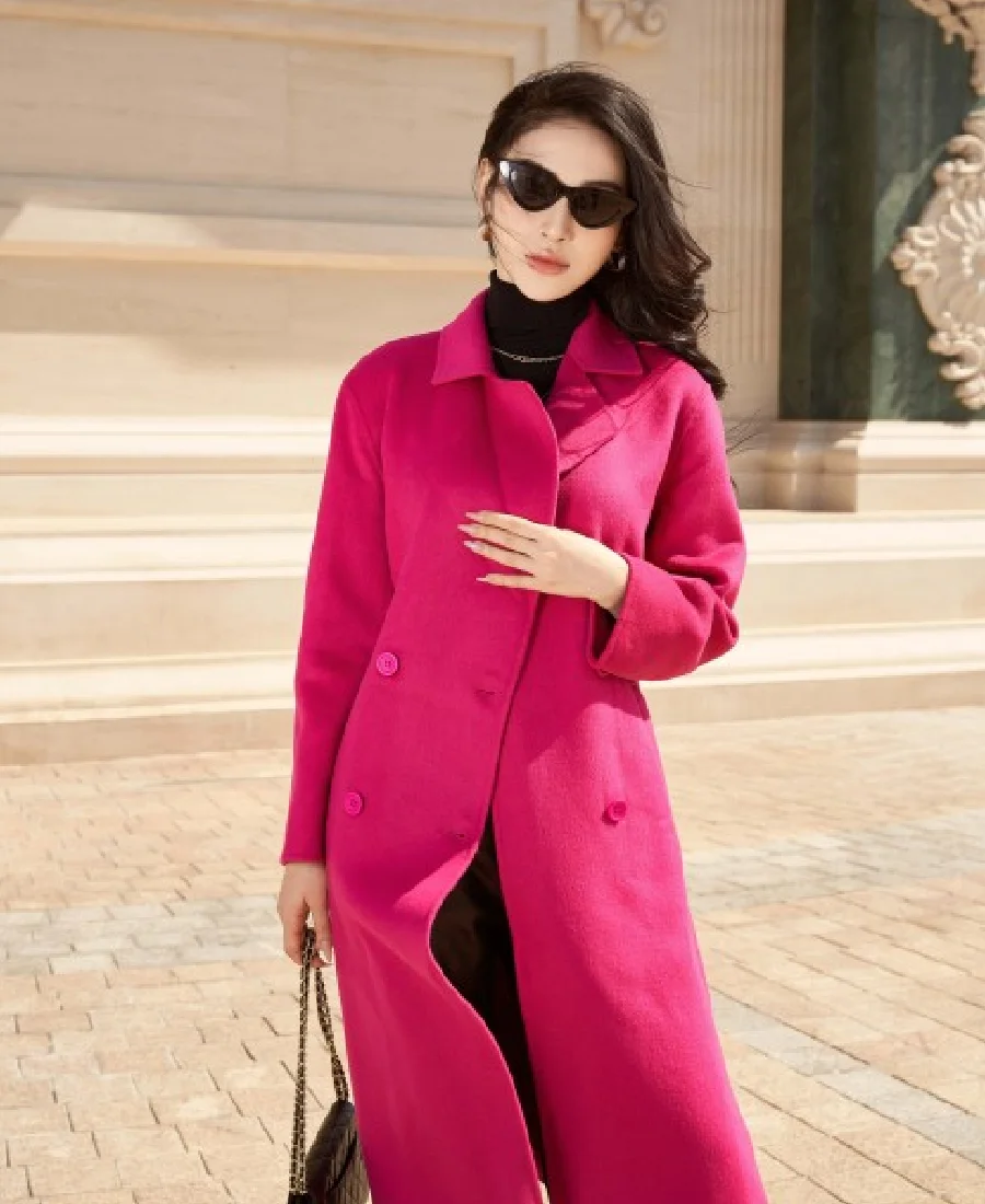 Women'S Double Breasted Pink Long Coat 3 Women’s Double Breasted Pink Long Coat Front