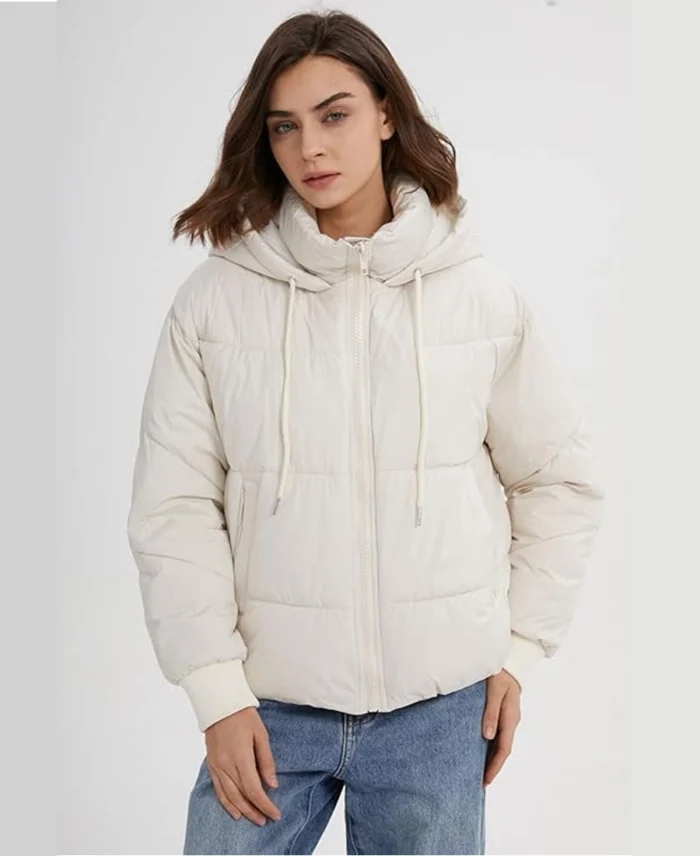 Women'S Gihuo Crop Hooded Puffer Jacket Beige - Trendy Leather Jackets