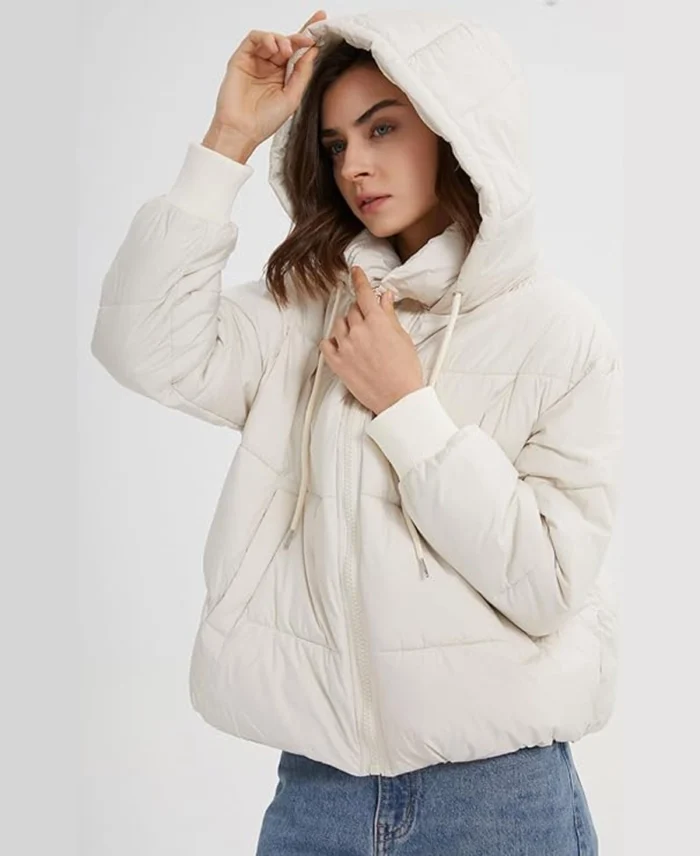 Women'S Gihuo Crop Hooded Puffer Jacket Beige Front - Trendy Leather Jackets